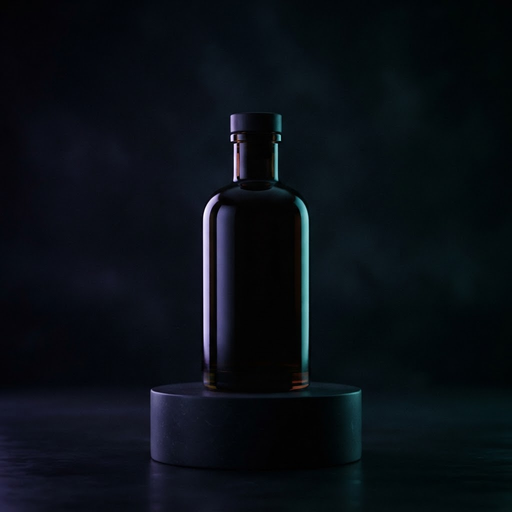 Sample illustrative frame from a reference ad: a dark glass bottle lit with cold rim lighting